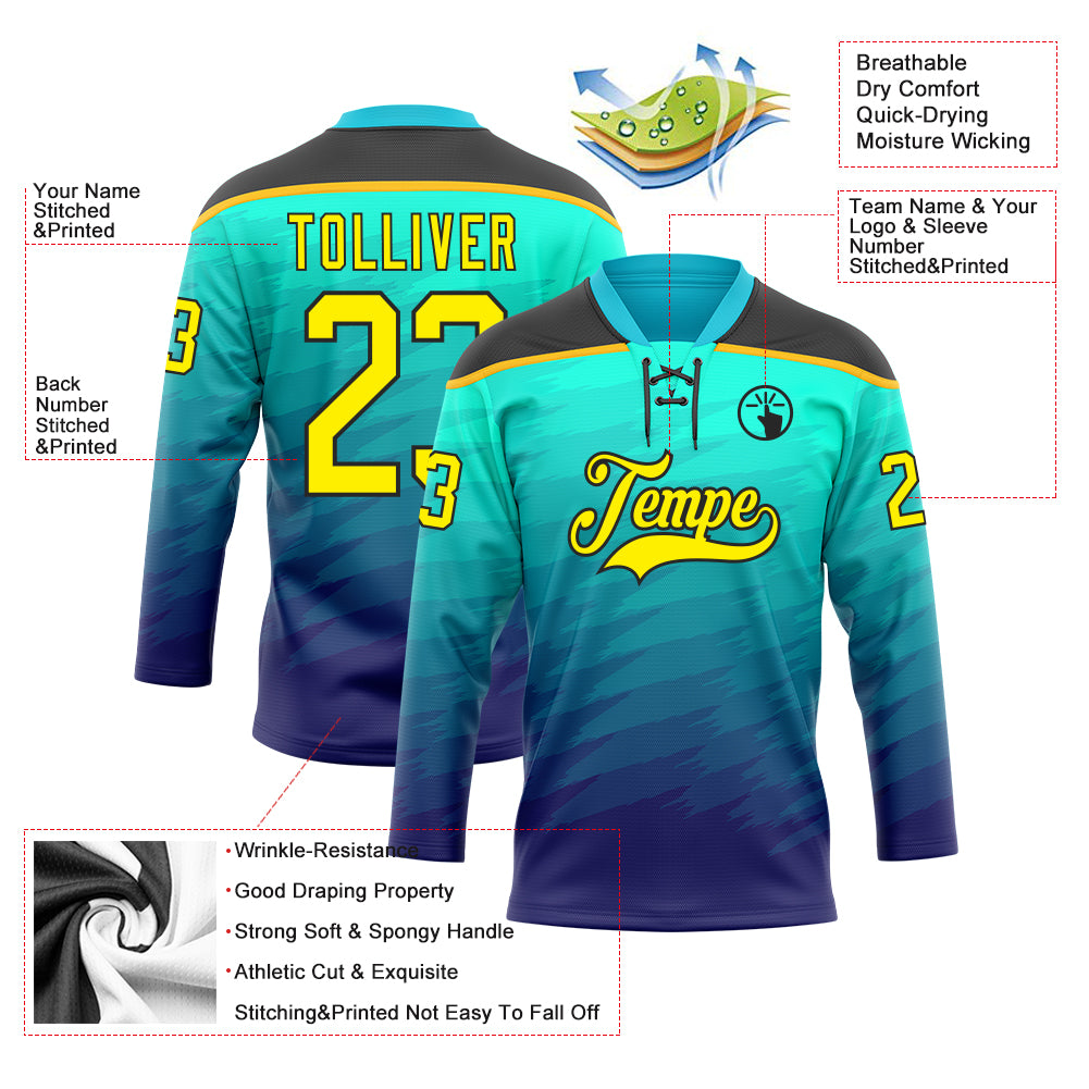 Custom Green Light Yellow Blue Black-Gold Abstract Gradient Halftone Pattern Hockey Lace Neck Jersey