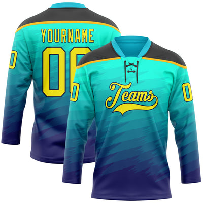 Custom Green Light Yellow Blue Black-Gold Abstract Gradient Halftone Pattern Hockey Lace Neck Jersey
