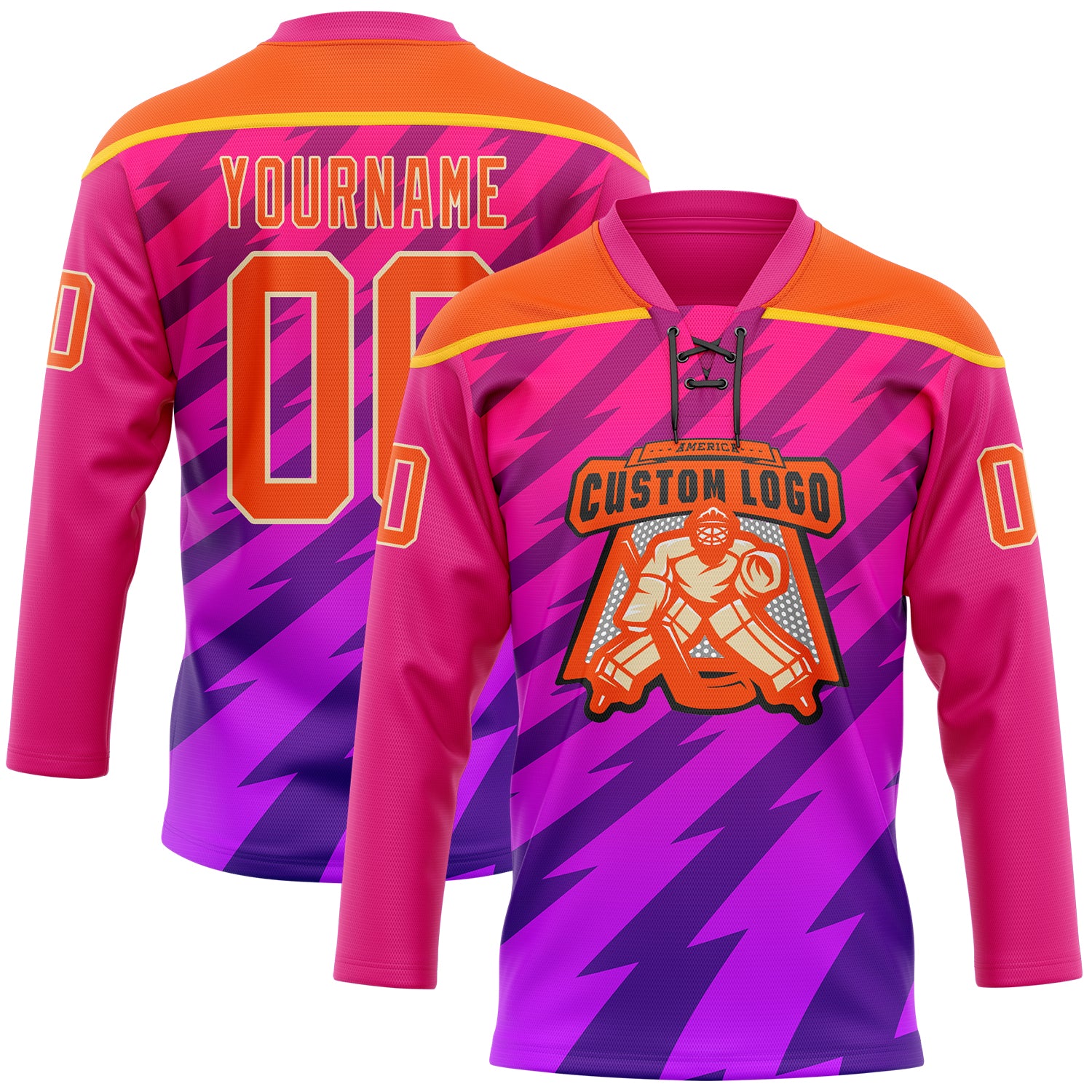 Custom Hot Pink Orange Purple Yellow-Cream Abstract Gradient Halftone Pattern Hockey Lace Neck Jersey