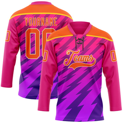 Custom Hot Pink Orange Purple Yellow-Cream Abstract Gradient Halftone Pattern Hockey Lace Neck Jersey