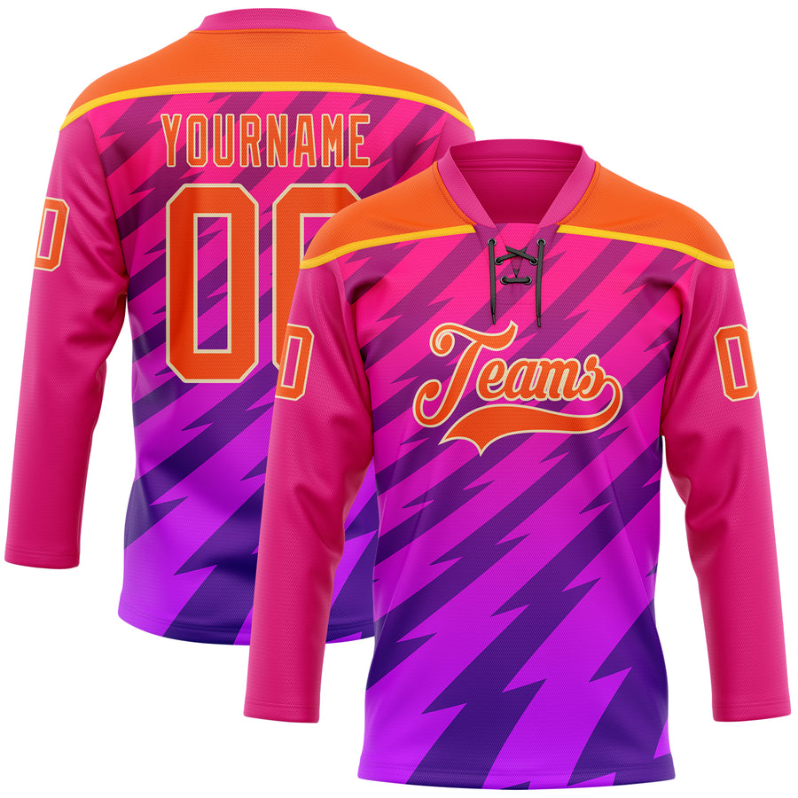 Custom Hot Pink Orange Purple Yellow-Cream Abstract Gradient Halftone Pattern Hockey Lace Neck Jersey