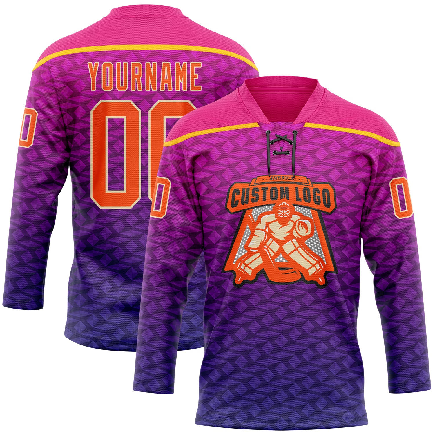 Custom Hot Pink Orange Purple Yellow-Cream Abstract Gradient Halftone Pattern Hockey Lace Neck Jersey