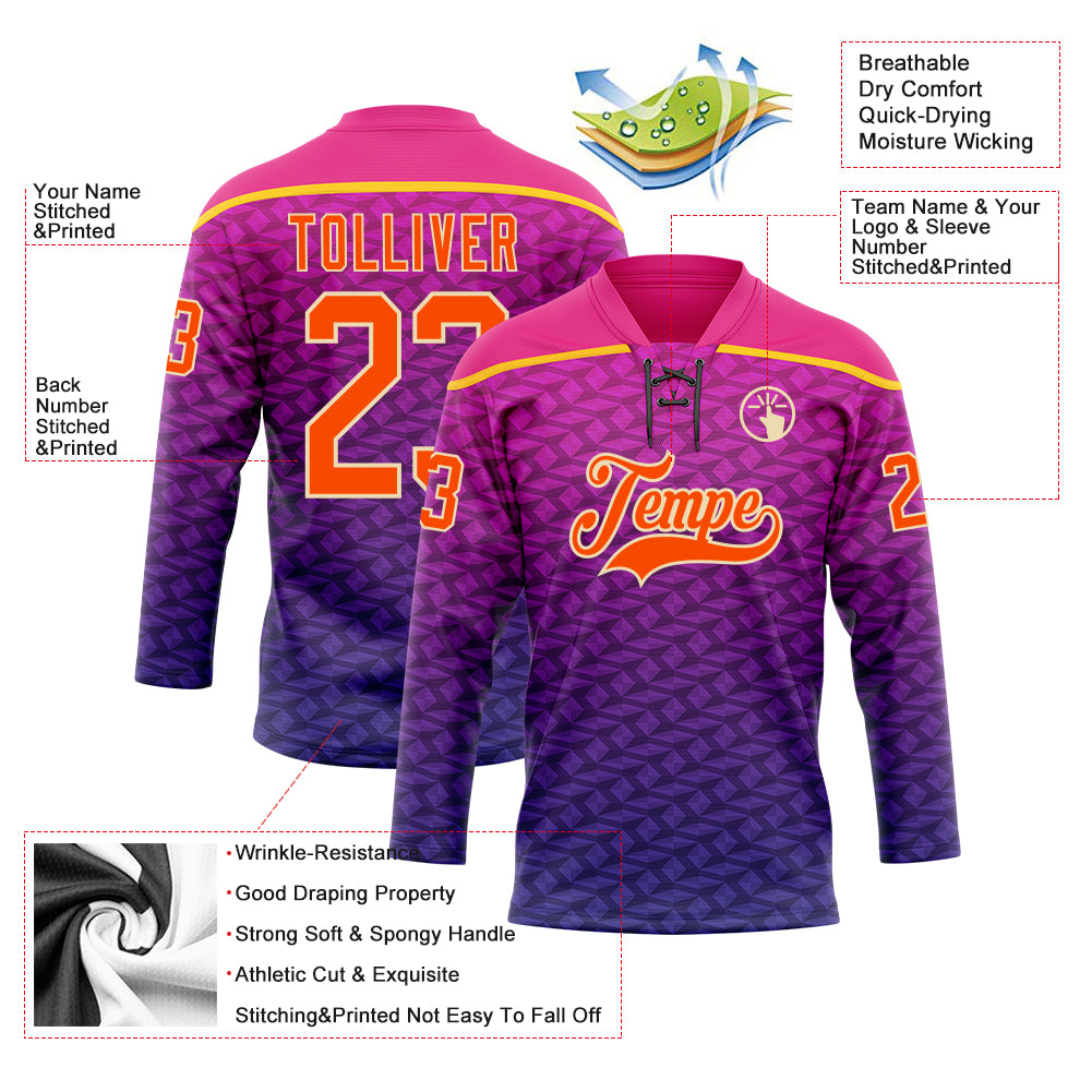 Custom Hot Pink Orange Purple Yellow-Cream Abstract Gradient Halftone Pattern Hockey Lace Neck Jersey