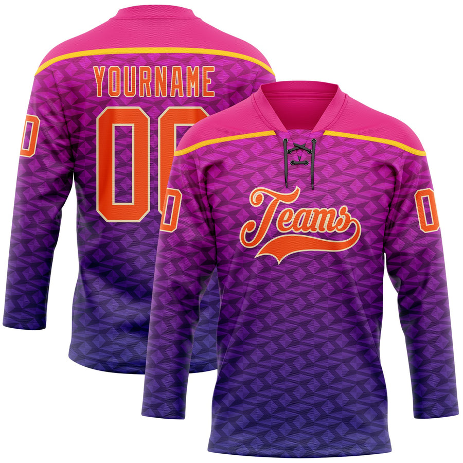 Custom Hot Pink Orange Purple Yellow-Cream Abstract Gradient Halftone Pattern Hockey Lace Neck Jersey