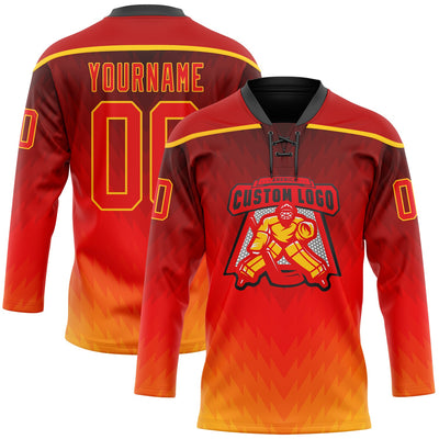 Custom Red Fire Red Gold-Black Abstract Gradient Halftone Pattern Hockey Lace Neck Jersey