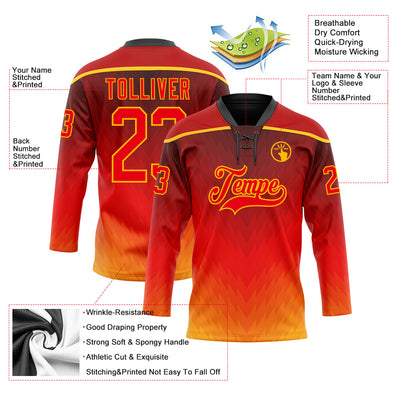 Custom Red Fire Red Gold-Black Abstract Gradient Halftone Pattern Hockey Lace Neck Jersey