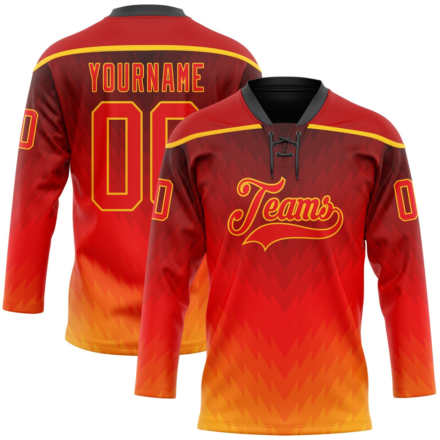 Custom Red Fire Red Gold-Black Abstract Gradient Halftone Pattern Hockey Lace Neck Jersey