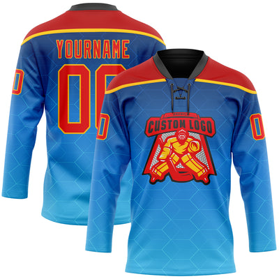 Custom Blue Fire Red Gold-Black Abstract Gradient Halftone Pattern Hockey Lace Neck Jersey