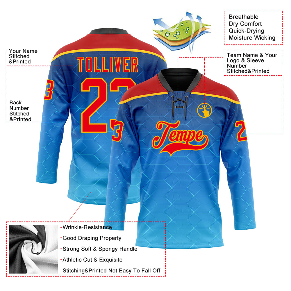 Custom Blue Fire Red Gold-Black Abstract Gradient Halftone Pattern Hockey Lace Neck Jersey