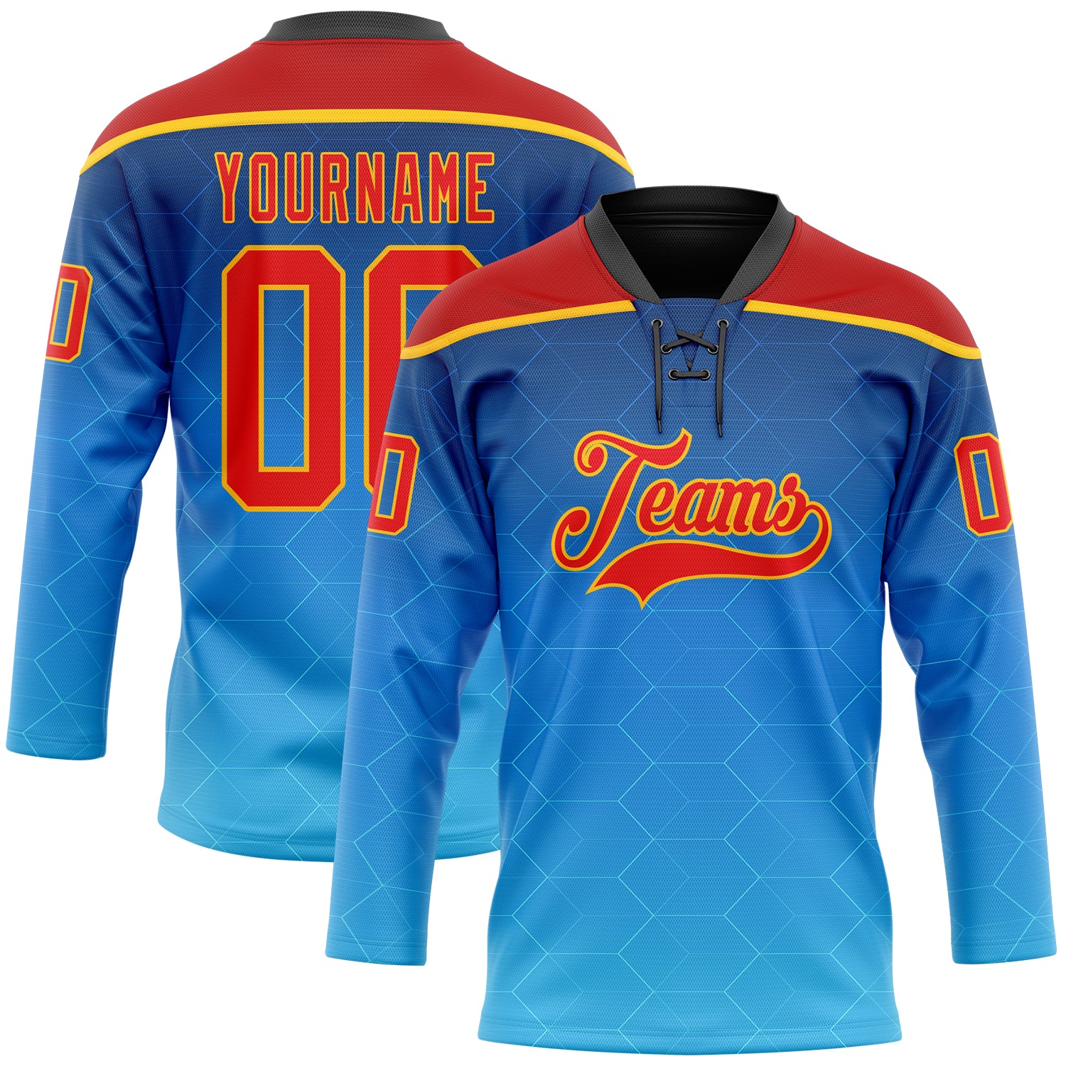 Custom Blue Fire Red Gold-Black Abstract Gradient Halftone Pattern Hockey Lace Neck Jersey
