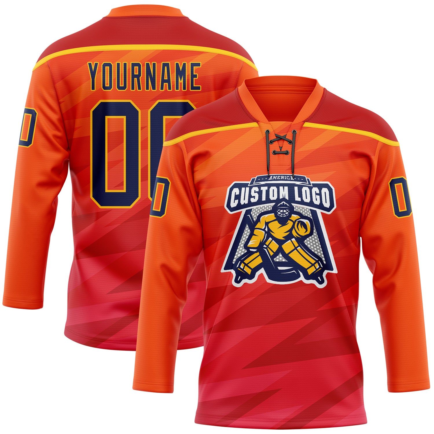 Custom Orange Navy Red-Gold Abstract Gradient Halftone Pattern Hockey Lace Neck Jersey