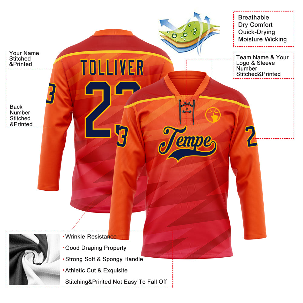 Custom Orange Navy Red-Gold Abstract Gradient Halftone Pattern Hockey Lace Neck Jersey