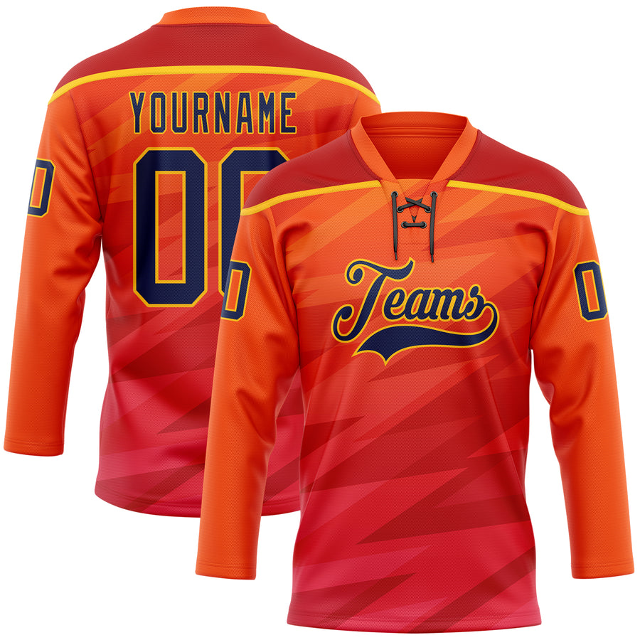 Custom Orange Navy Red-Gold Abstract Gradient Halftone Pattern Hockey Lace Neck Jersey
