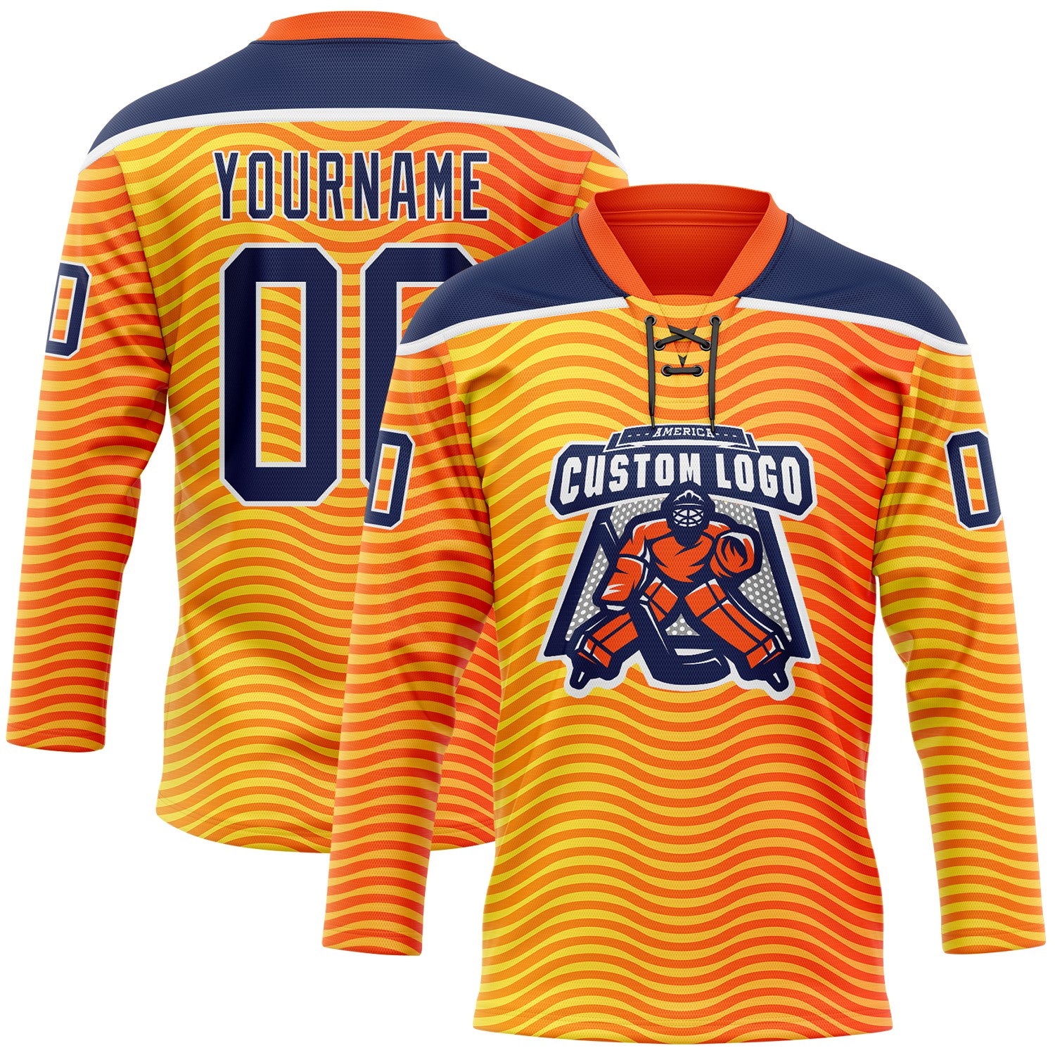 Custom Orange Navy Yellow-White Abstract Gradient Halftone Pattern Hockey Lace Neck Jersey