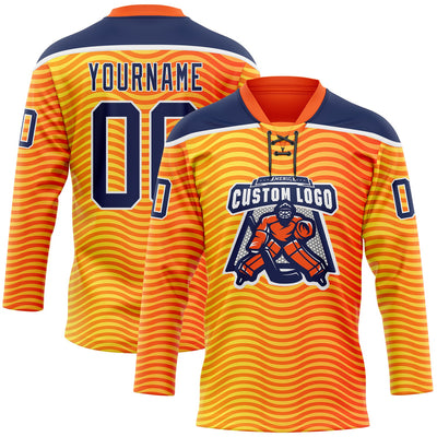 Custom Orange Navy Yellow-White Abstract Gradient Halftone Pattern Hockey Lace Neck Jersey
