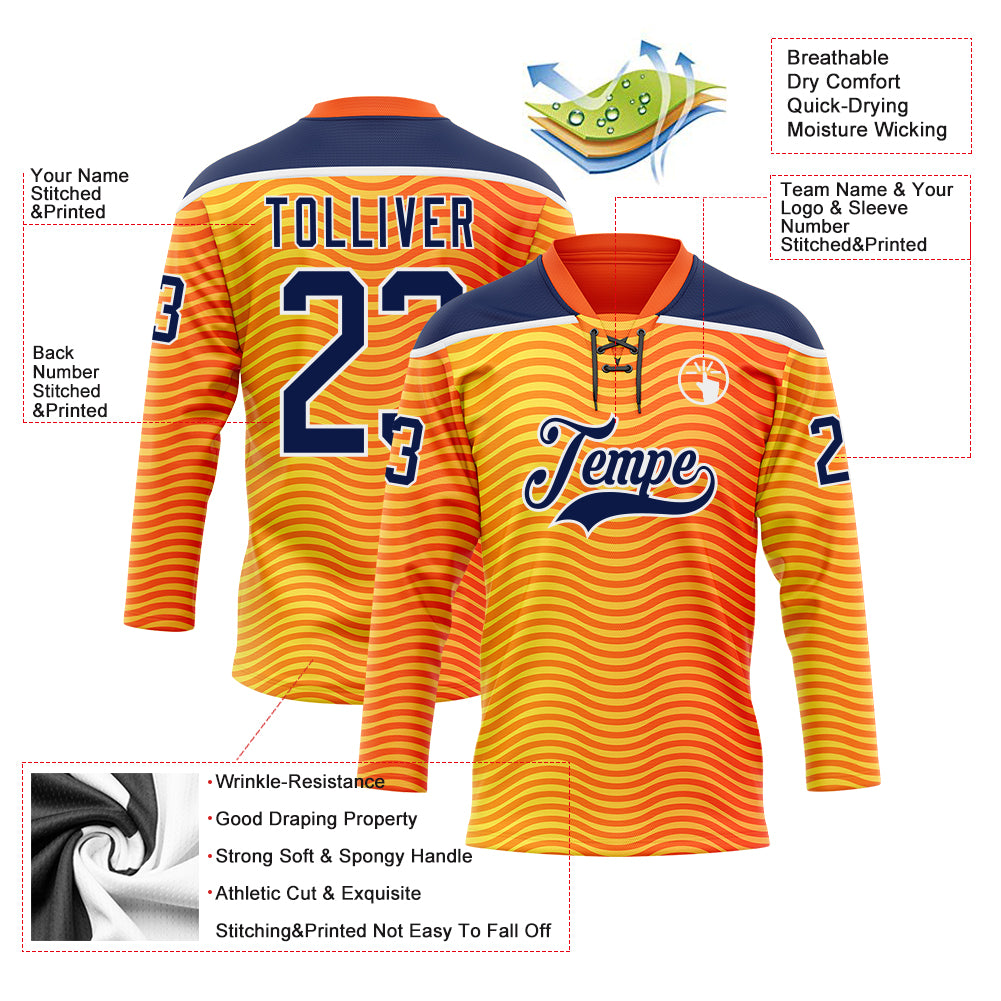 Custom Orange Navy Yellow-White Abstract Gradient Halftone Pattern Hockey Lace Neck Jersey