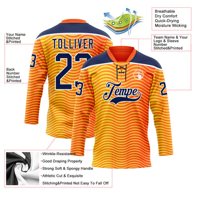 Custom Orange Navy Yellow-White Abstract Gradient Halftone Pattern Hockey Lace Neck Jersey