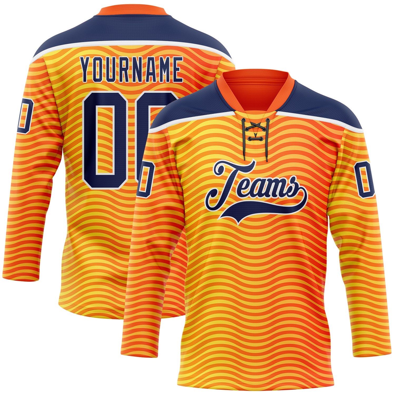 Custom Orange Navy Yellow-White Abstract Gradient Halftone Pattern Hockey Lace Neck Jersey