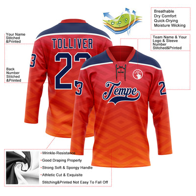 Custom Red Navy Yellow-White Abstract Gradient Halftone Pattern Hockey Lace Neck Jersey