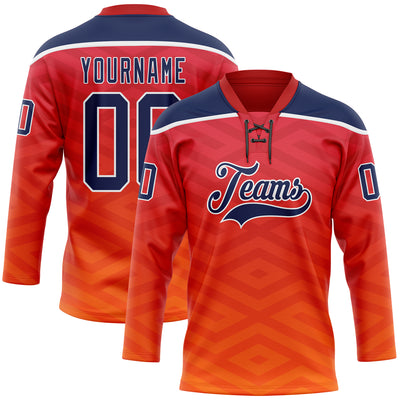 Custom Red Navy Yellow-White Abstract Gradient Halftone Pattern Hockey Lace Neck Jersey
