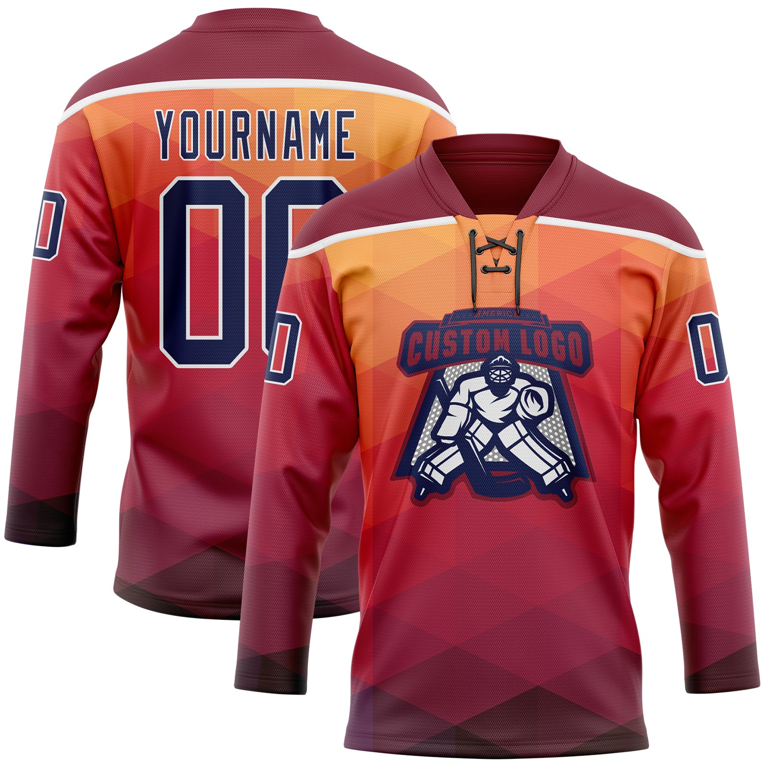 Custom Orange Navy Crimson-White Abstract Gradient Halftone Pattern Hockey Lace Neck Jersey