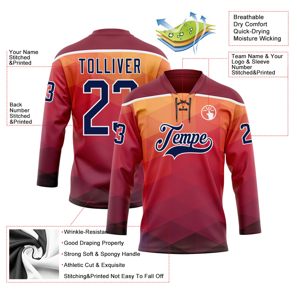 Custom Orange Navy Crimson-White Abstract Gradient Halftone Pattern Hockey Lace Neck Jersey