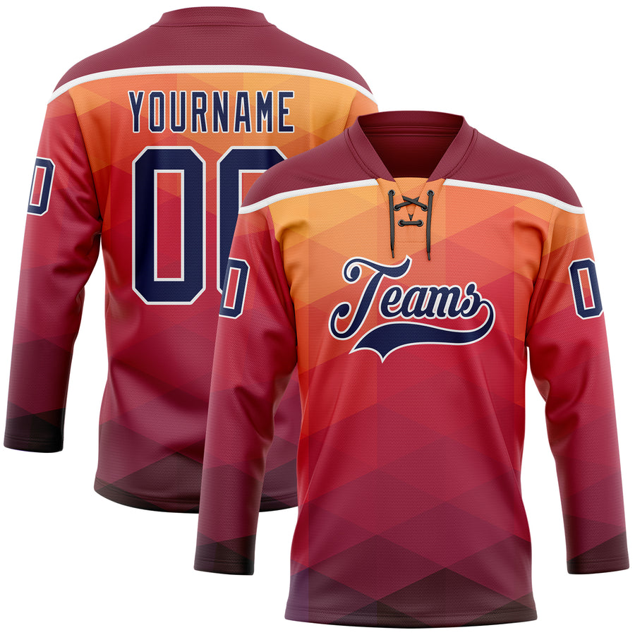 Custom Orange Navy Crimson-White Abstract Gradient Halftone Pattern Hockey Lace Neck Jersey