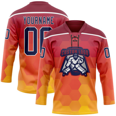 Custom Crimson Navy Yellow-White Abstract Gradient Halftone Pattern Hockey Lace Neck Jersey