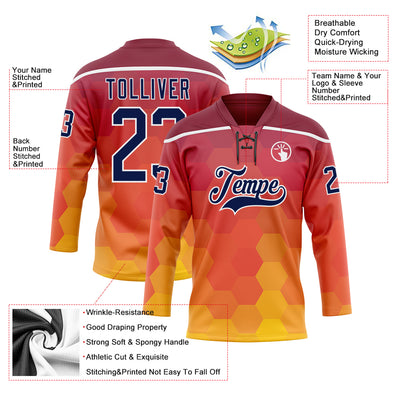 Custom Crimson Navy Yellow-White Abstract Gradient Halftone Pattern Hockey Lace Neck Jersey
