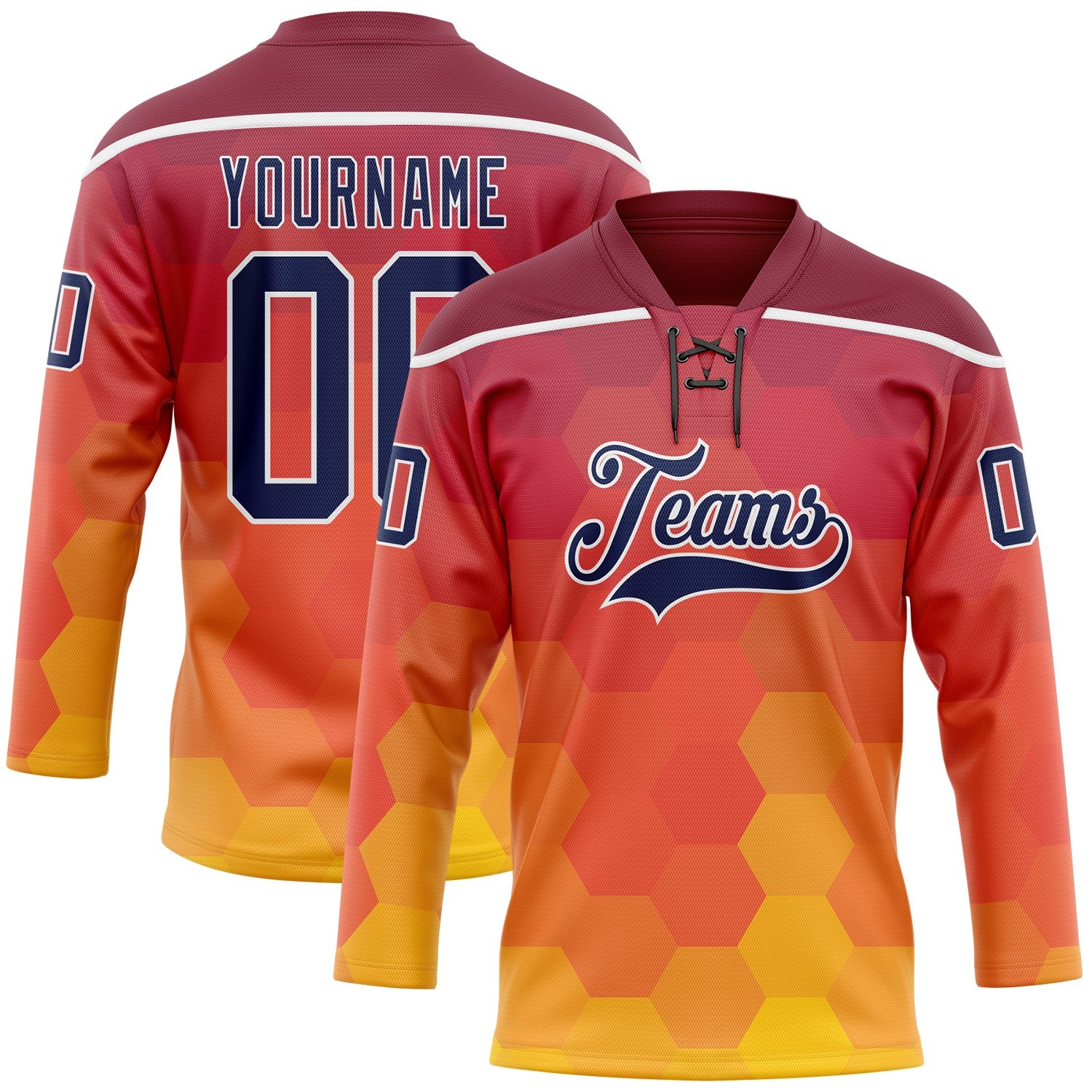 Custom Crimson Navy Yellow-White Abstract Gradient Halftone Pattern Hockey Lace Neck Jersey
