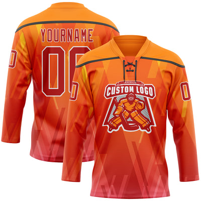 Custom Bay Orange Red Black-White Abstract Gradient Halftone Pattern Hockey Lace Neck Jersey