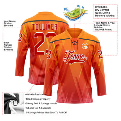 Custom Bay Orange Red Black-White Abstract Gradient Halftone Pattern Hockey Lace Neck Jersey