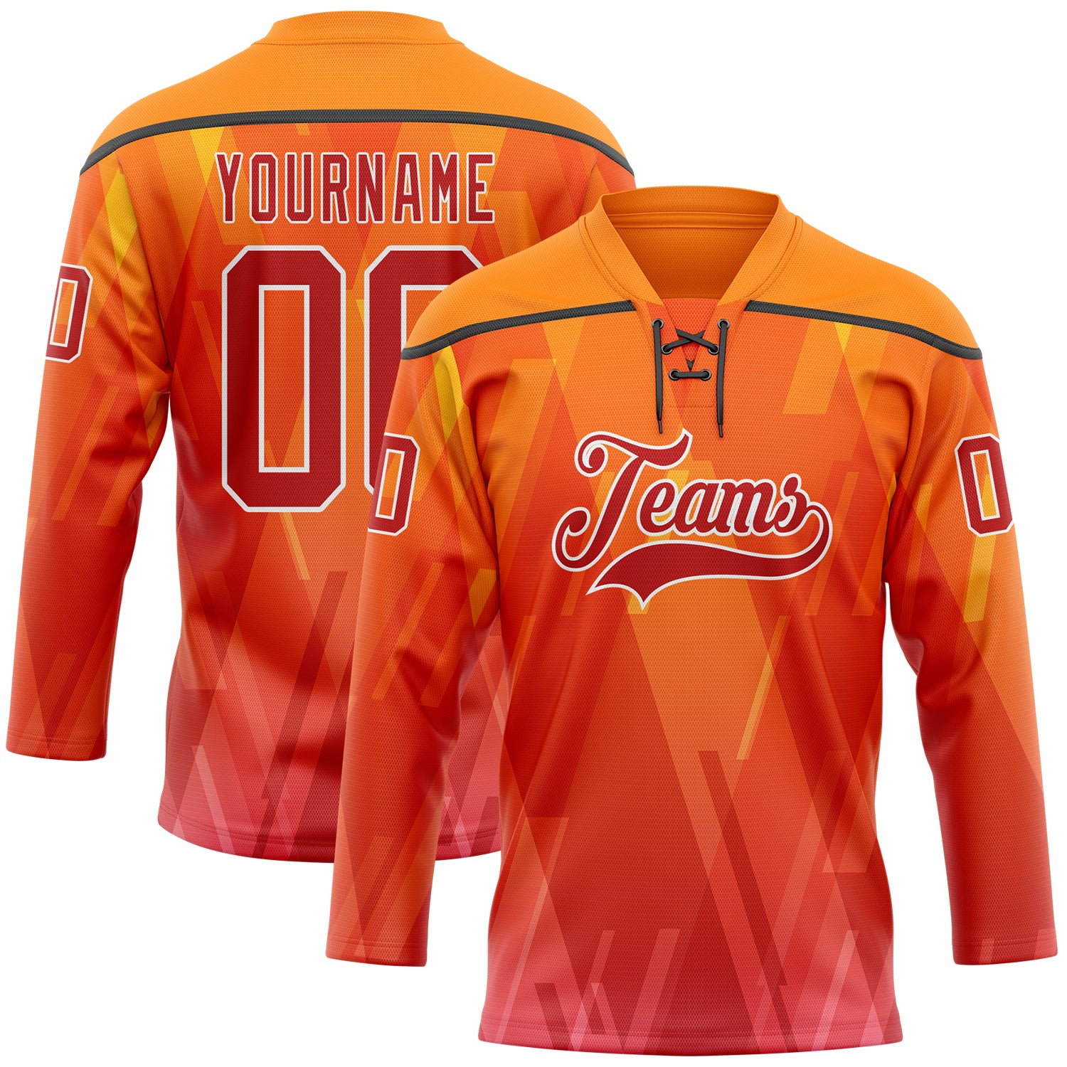 Custom Bay Orange Red Black-White Abstract Gradient Halftone Pattern Hockey Lace Neck Jersey