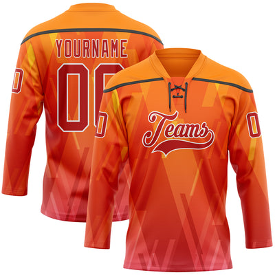 Custom Bay Orange Red Black-White Abstract Gradient Halftone Pattern Hockey Lace Neck Jersey