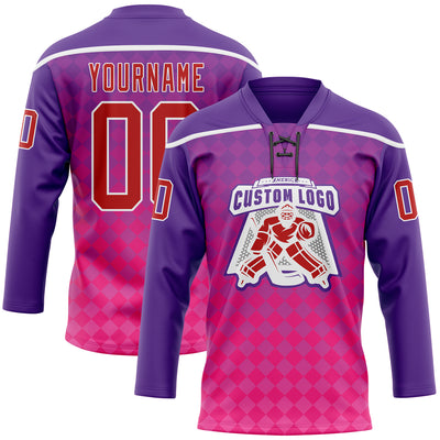 Custom Purple Red Pink-White Abstract Gradient Halftone Pattern Hockey Lace Neck Jersey