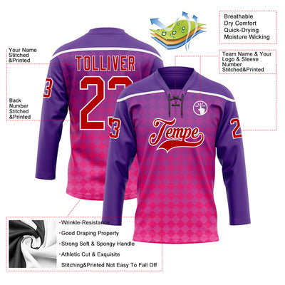 Custom Purple Red Pink-White Abstract Gradient Halftone Pattern Hockey Lace Neck Jersey