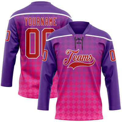 Custom Purple Red Pink-White Abstract Gradient Halftone Pattern Hockey Lace Neck Jersey