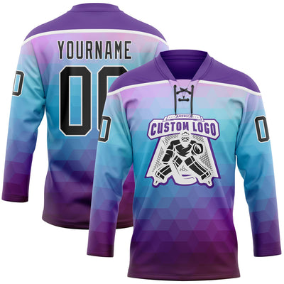 Custom Purple Black Blue-White Abstract Gradient Halftone Pattern Hockey Lace Neck Jersey