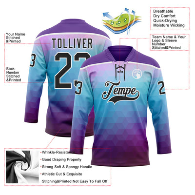 Custom Purple Black Blue-White Abstract Gradient Halftone Pattern Hockey Lace Neck Jersey