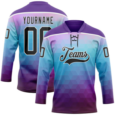 Custom Purple Black Blue-White Abstract Gradient Halftone Pattern Hockey Lace Neck Jersey