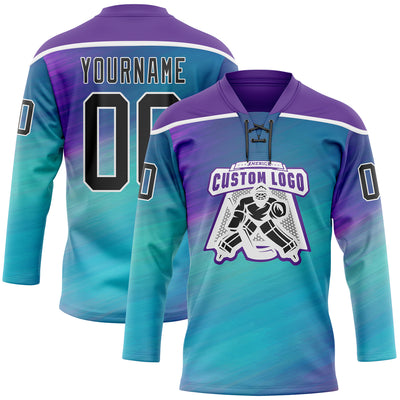 Custom Purple Black Blue-White Abstract Gradient Halftone Pattern Hockey Lace Neck Jersey