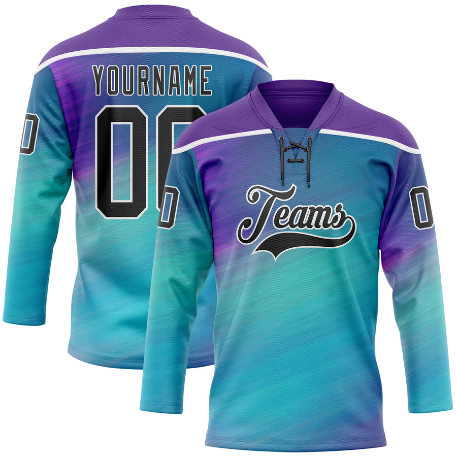Custom Purple Black Blue-White Abstract Gradient Halftone Pattern Hockey Lace Neck Jersey