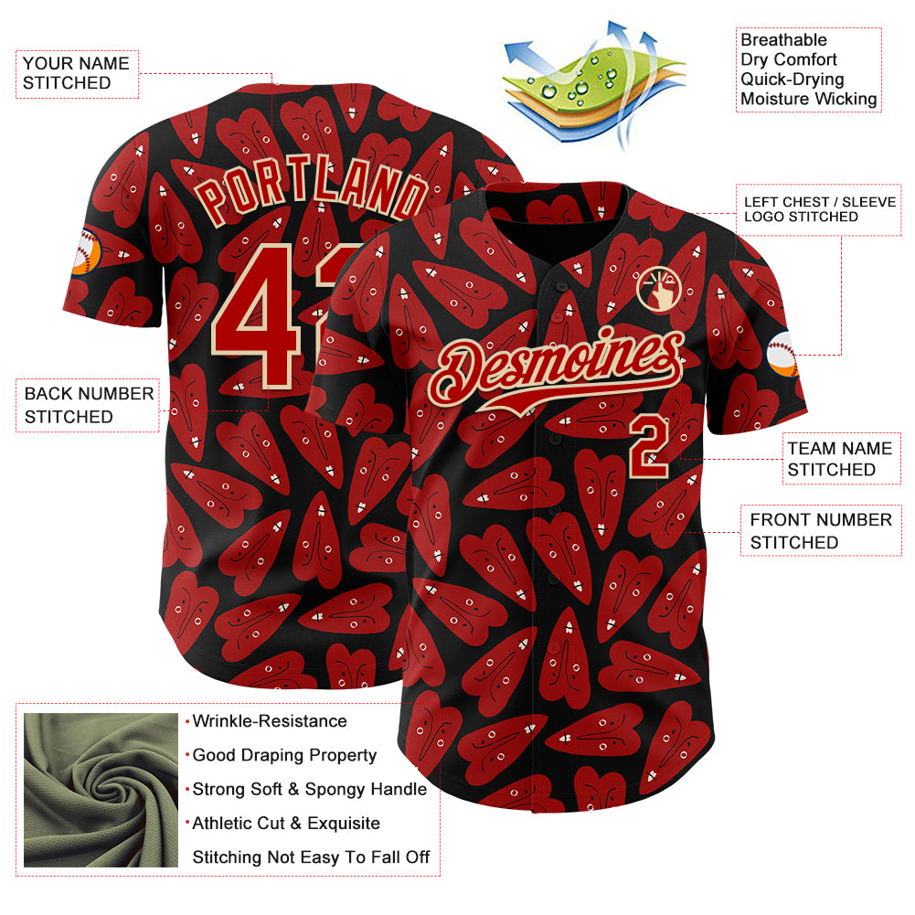Custom Black Red-Cream Valentine's Day Love Heart Authentic Baseball Jersey