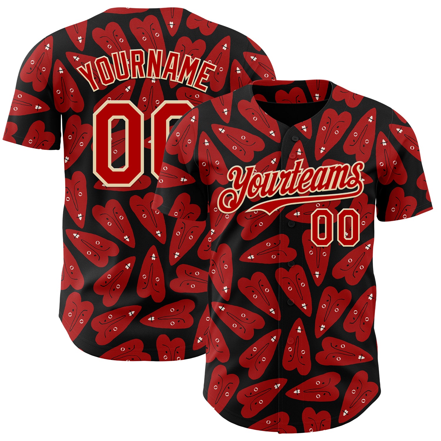 Custom Black Red-Cream Valentine's Day Love Heart Authentic Baseball Jersey