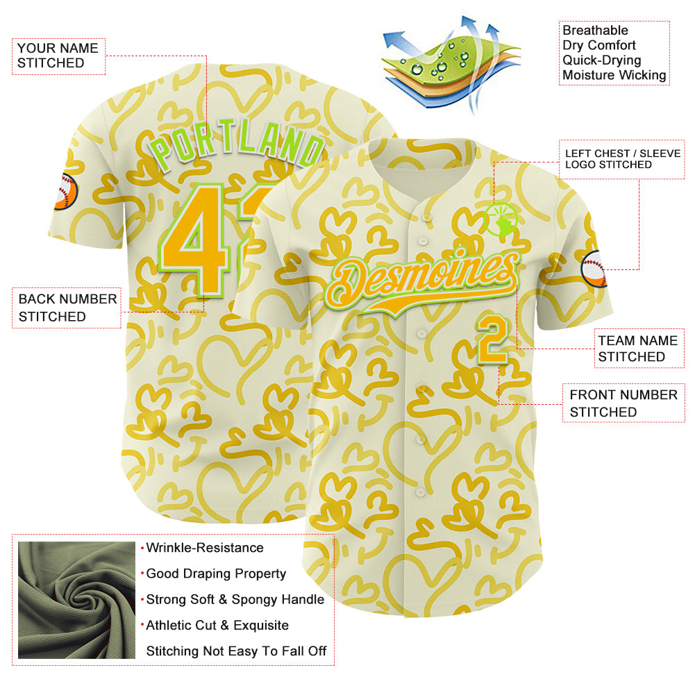 Custom Cream Gold Neon Green-White Valentine's Day Love Heart Authentic Baseball Jersey