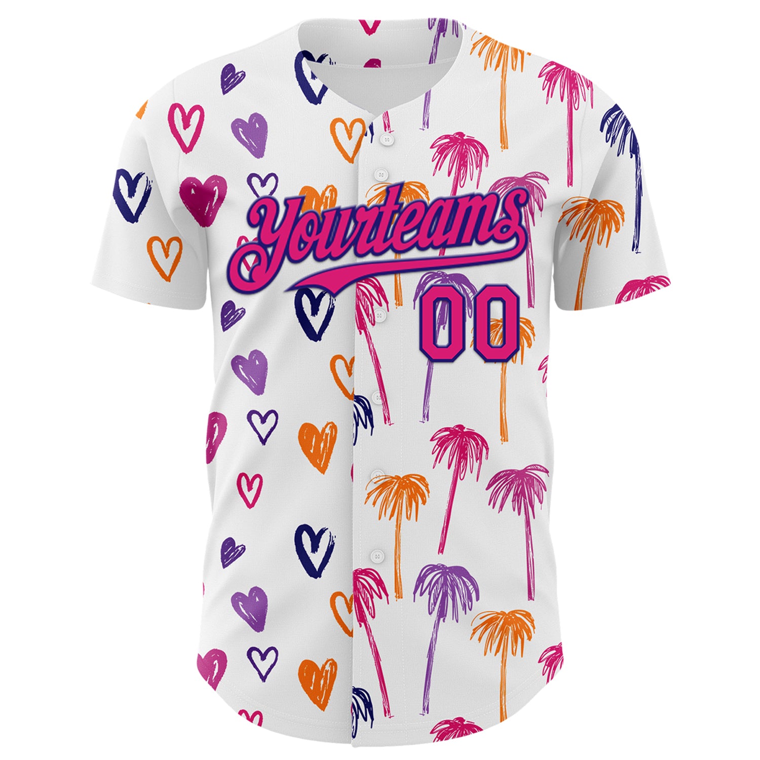 Custom White Hot Pink-Dark Purple Valentine's Day Love Heart Authentic Baseball Jersey