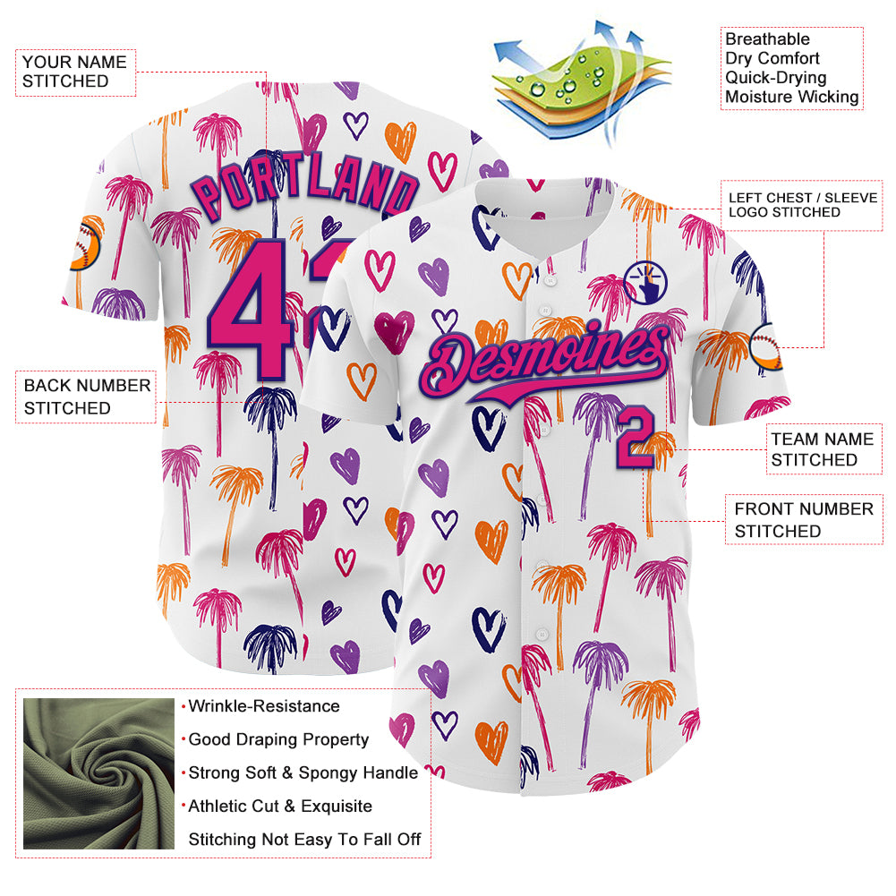 Custom White Hot Pink-Dark Purple Valentine's Day Love Heart Authentic Baseball Jersey