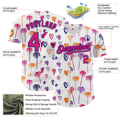 Custom White Hot Pink-Dark Purple Valentine's Day Love Heart Authentic Baseball Jersey