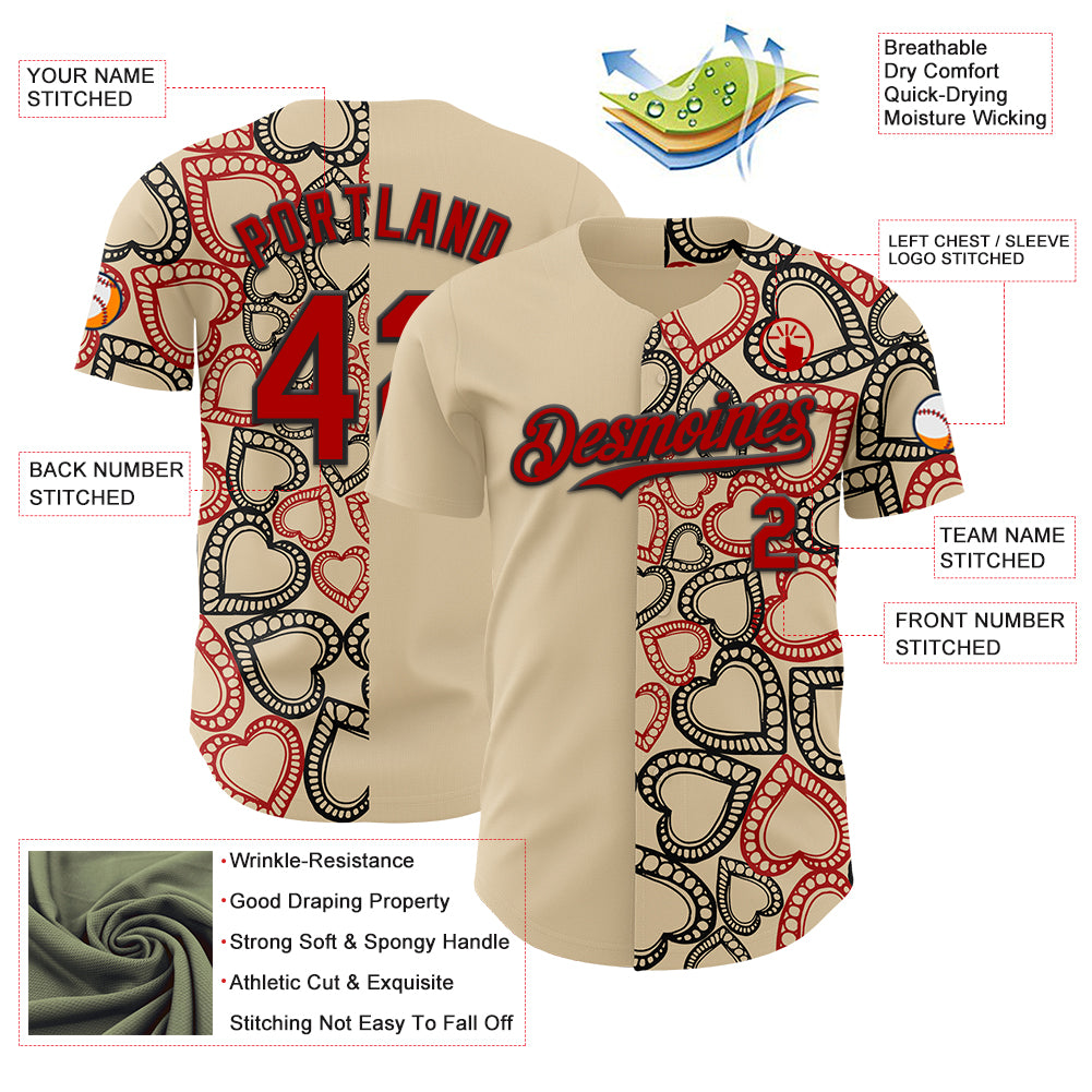 Custom City Cream Red-Black Valentine's Day Love Heart Authentic Baseball Jersey