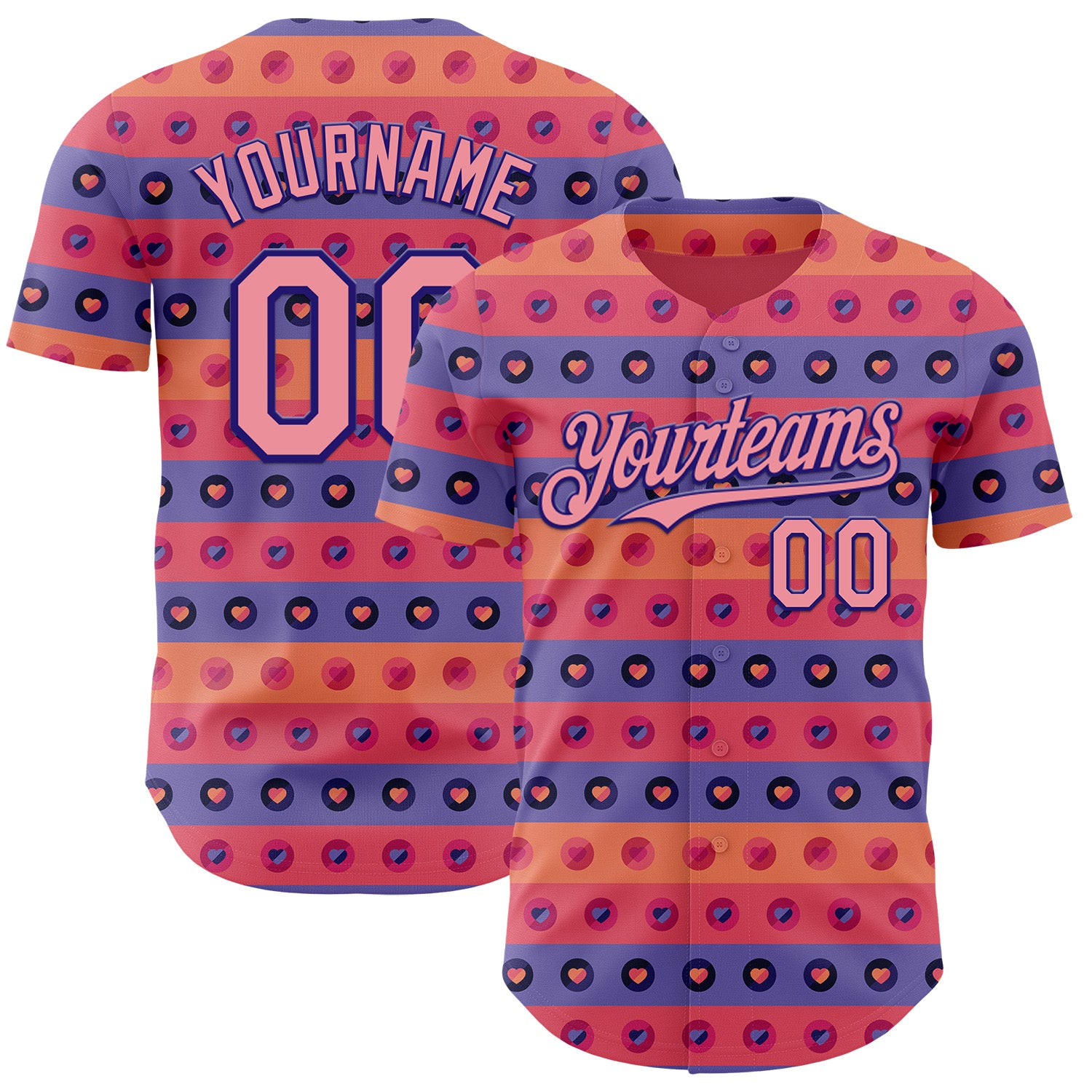 Custom Orange Medium Pink-Dark Purple Valentine's Day Love Heart Authentic Baseball Jersey